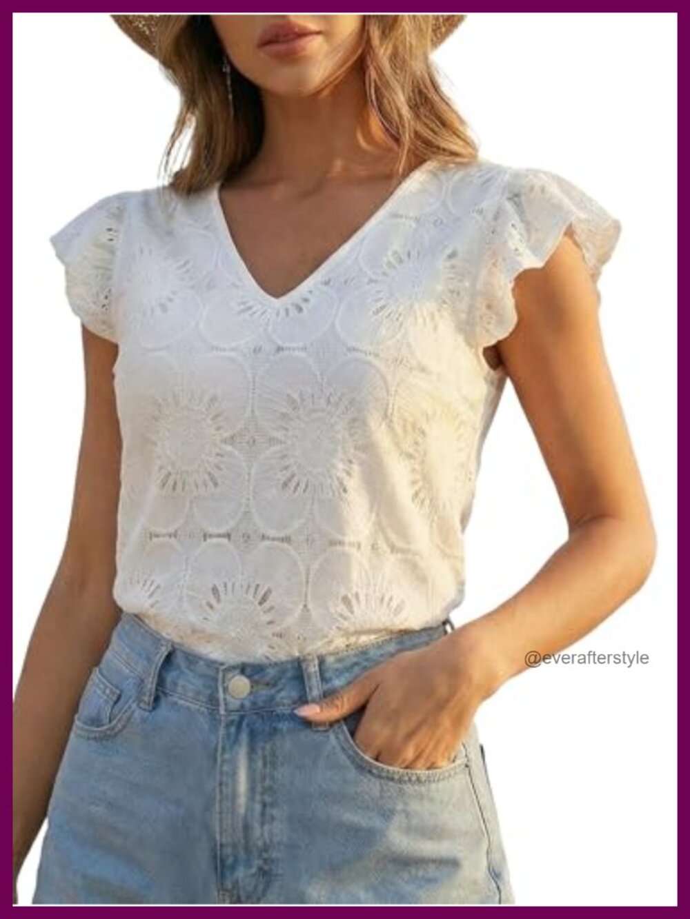 Women's Lace Eyelet V Neck Short Sleeve Blouse